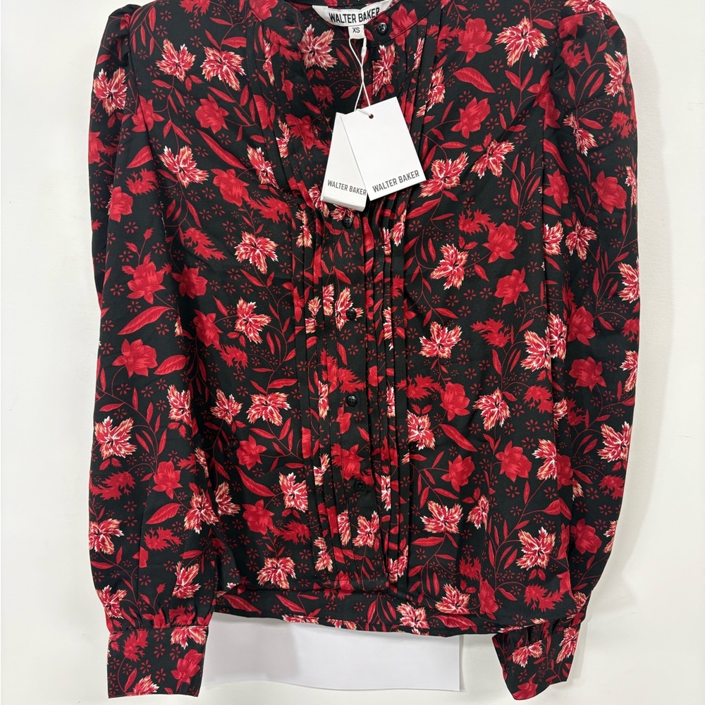 Walter Baker Black and Red Fitted Blouse with Mandarin Collar